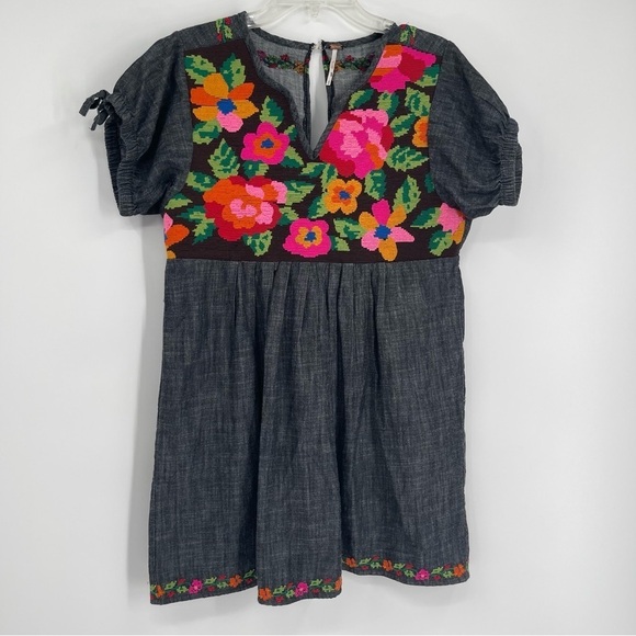 Free People Dress Women Size XS Floral Embroidered Chambray Mini Short Sleeve - Picture 12 of 12